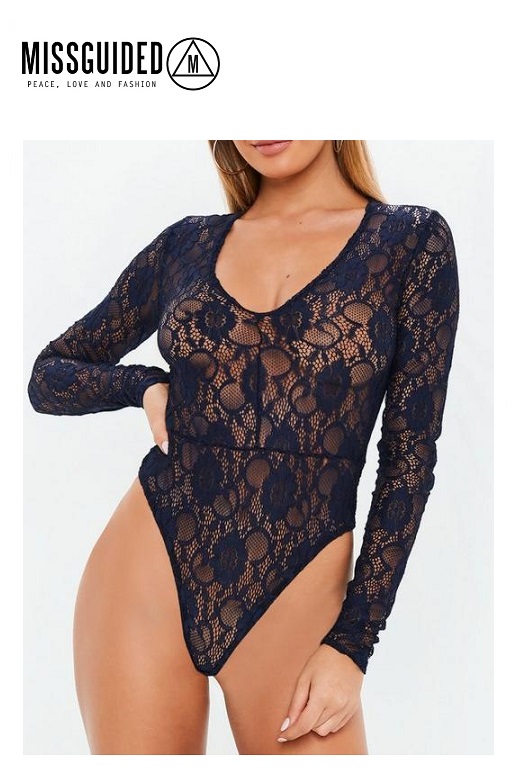 Missguided női body ruha kék Lace Deep plunge bodysuit