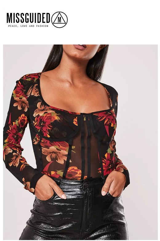 Missguided női felső virágmintás Mesh Corset seam top floral