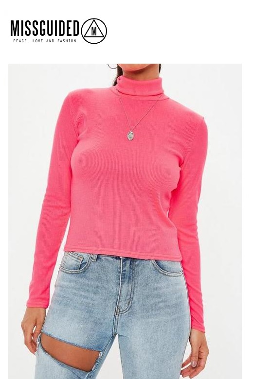 Missguided női felső rózsazsín Neon Ribbed roll neck top